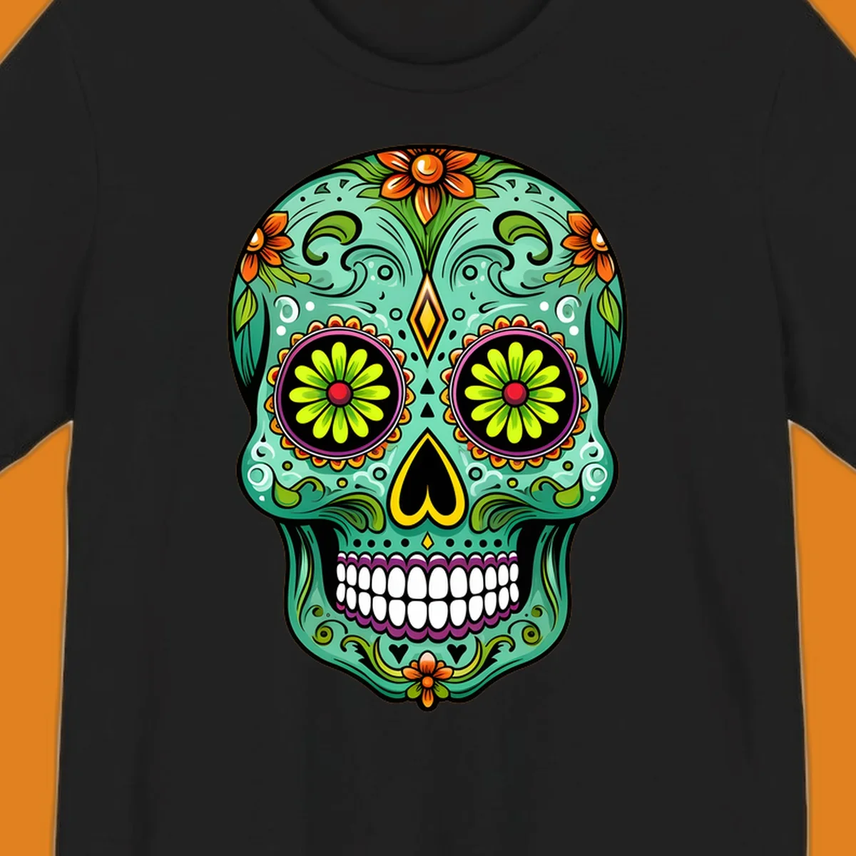 A vibrant floral sugar skull illustration in teal, orange, green, and pink, adorned with intricate patterns and flowers.