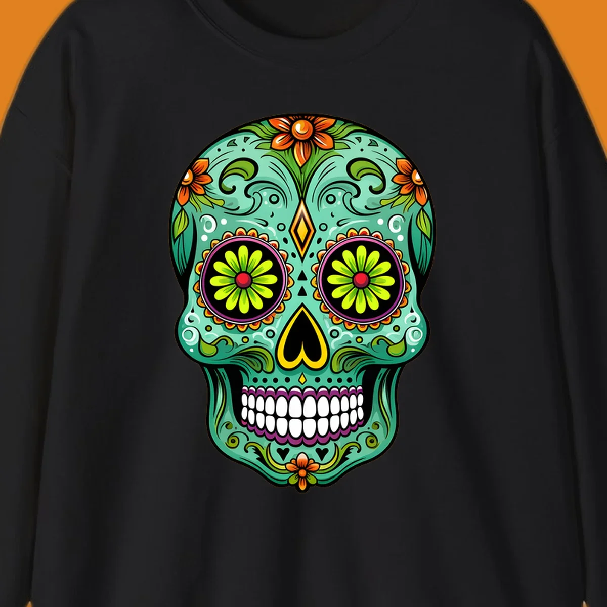 A vibrant floral sugar skull illustration in teal, orange, green, and pink, adorned with intricate patterns and flowers.