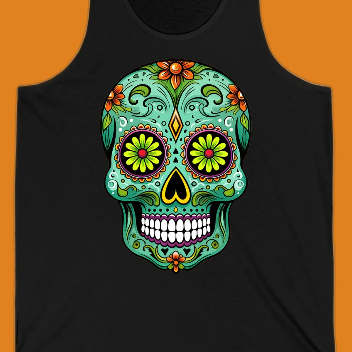 A vibrant floral sugar skull illustration in teal, orange, green, and pink, adorned with intricate patterns and flowers.