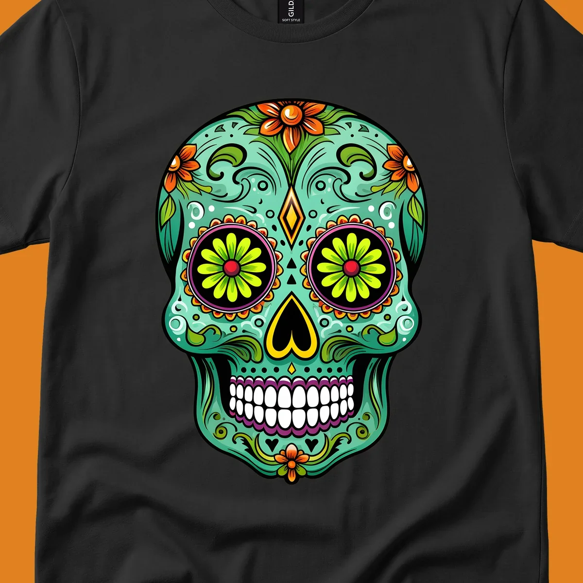 A vibrant floral sugar skull illustration in teal, orange, green, and pink, adorned with intricate patterns and flowers.