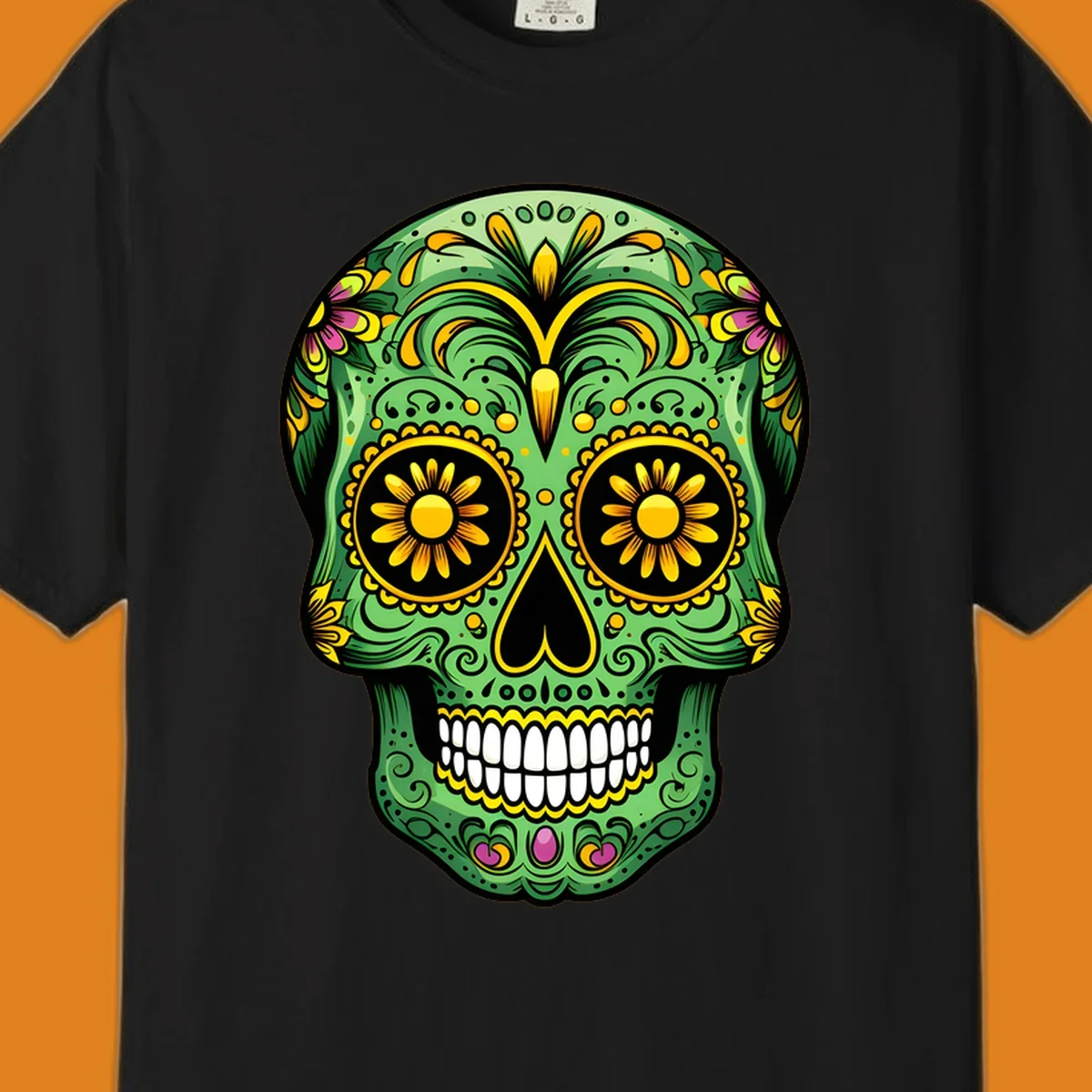 A vibrant green calavera sugar skull with yellow, pink, and black floral patterns and white teeth.
