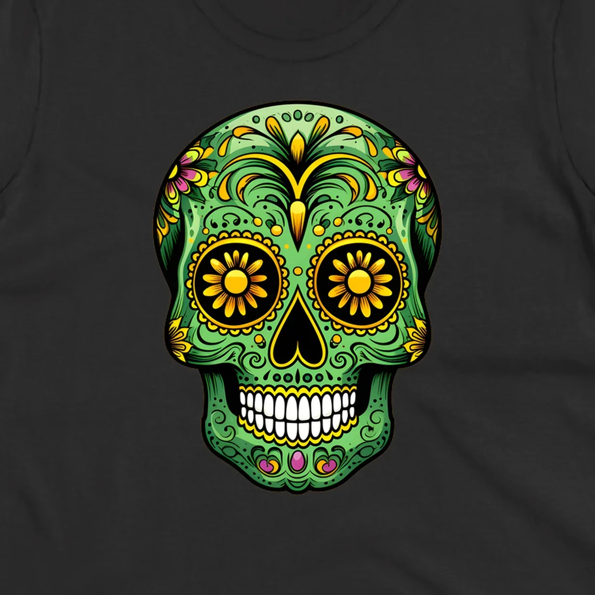 A vibrant green calavera sugar skull with yellow, pink, and black floral patterns and white teeth.