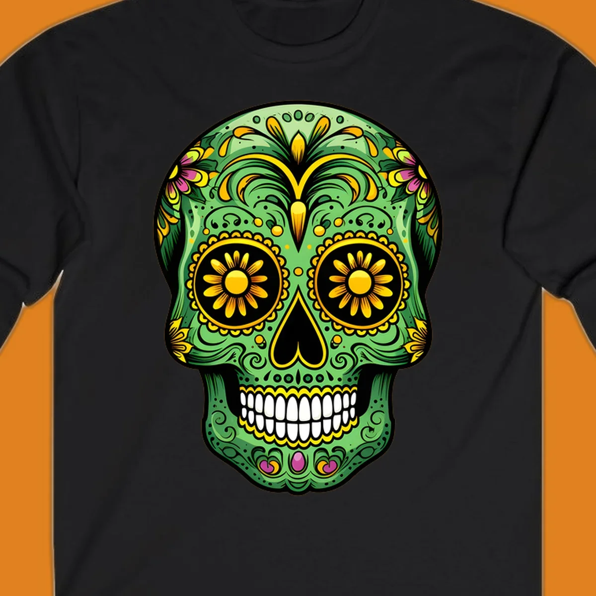 A vibrant green calavera sugar skull with yellow, pink, and black floral patterns and white teeth.