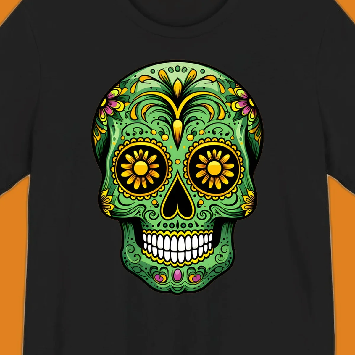 A vibrant green calavera sugar skull with yellow, pink, and black floral patterns and white teeth.