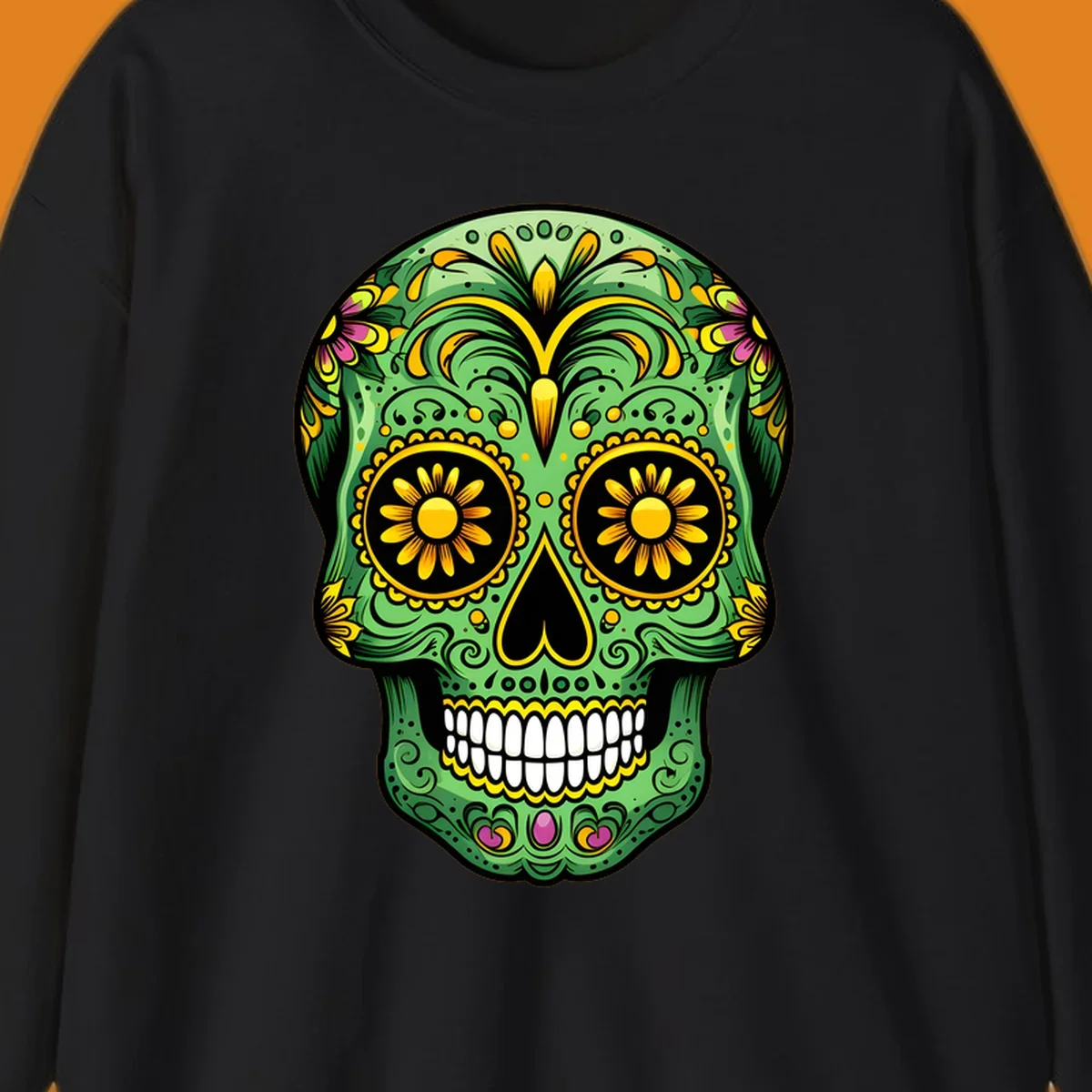 A vibrant green calavera sugar skull with yellow, pink, and black floral patterns and white teeth.