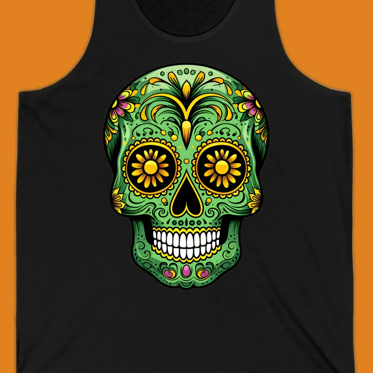 A vibrant green calavera sugar skull with yellow, pink, and black floral patterns and white teeth.