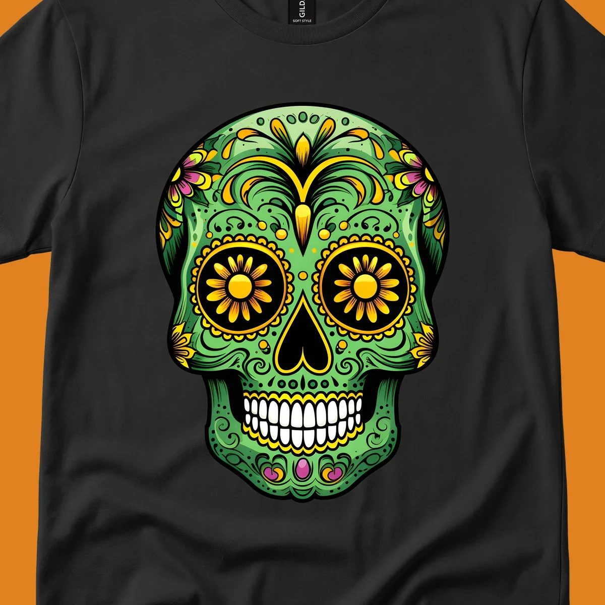 A vibrant green calavera sugar skull with yellow, pink, and black floral patterns and white teeth.
