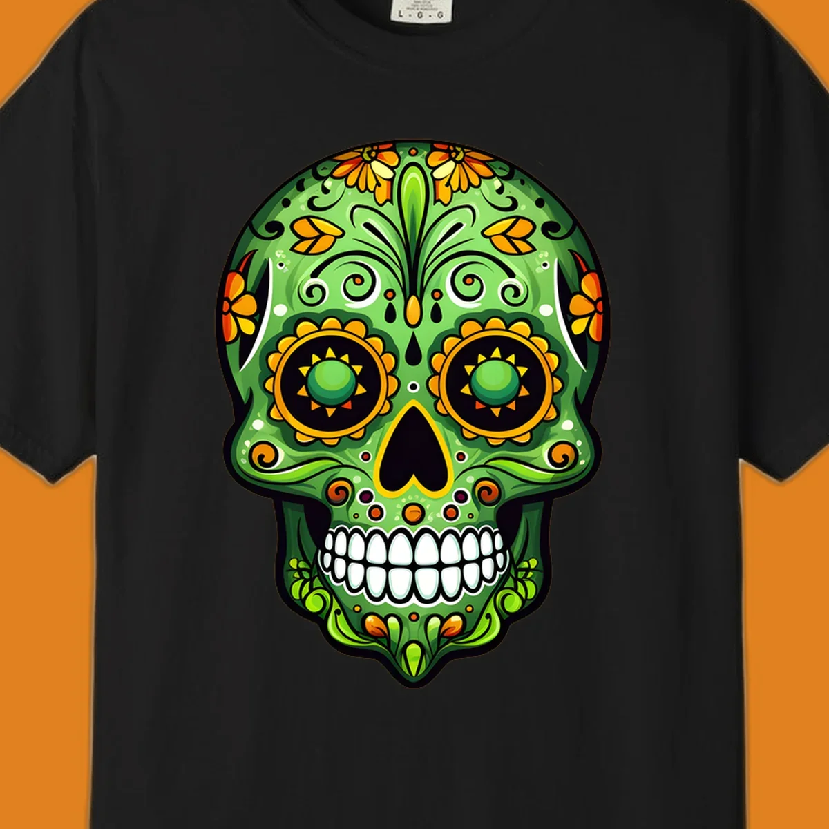 A vibrant green calavera sugar skull illustration adorned with yellow and orange marigold flowers and intricate swirls.
