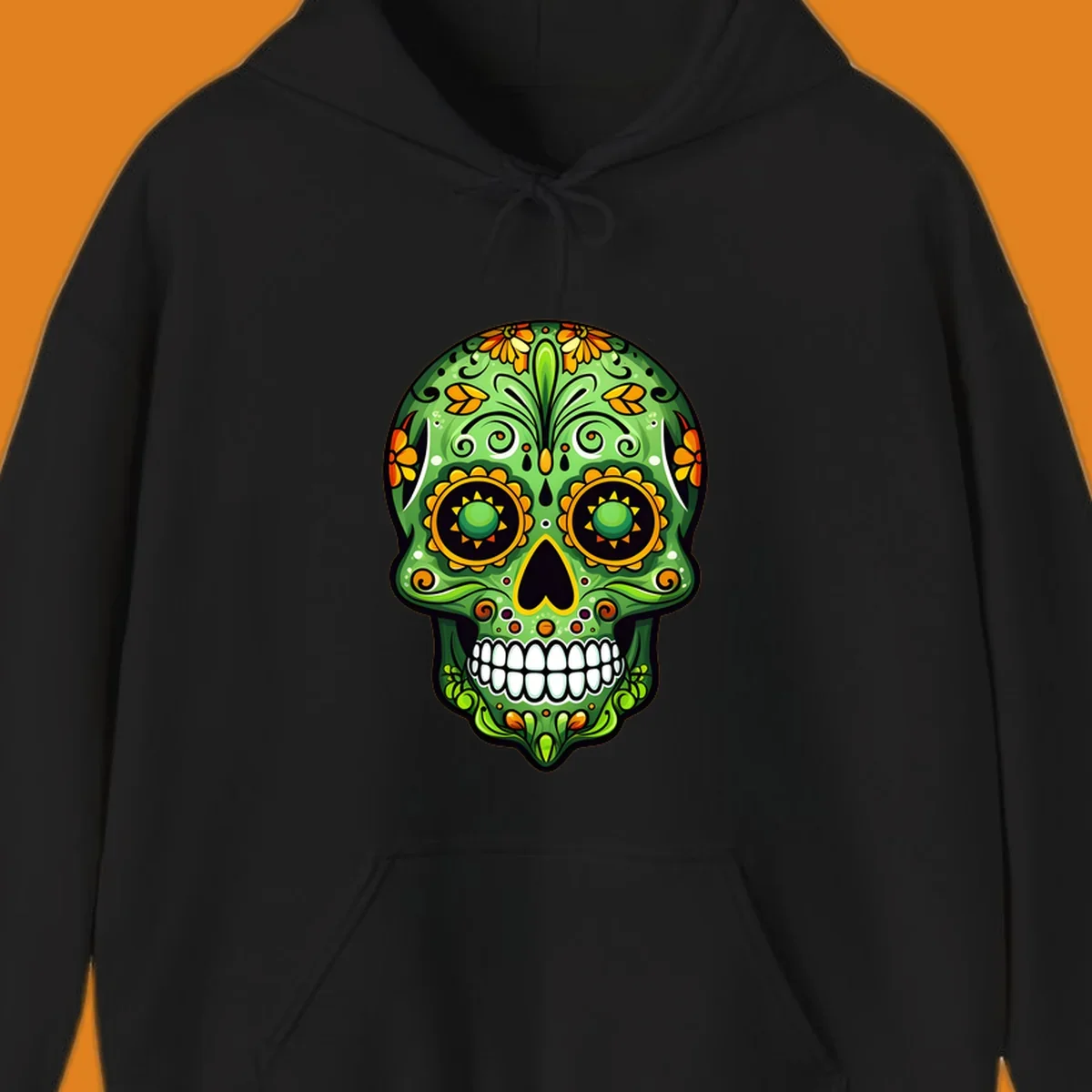 A vibrant green calavera sugar skull illustration adorned with yellow and orange marigold flowers and intricate swirls.
