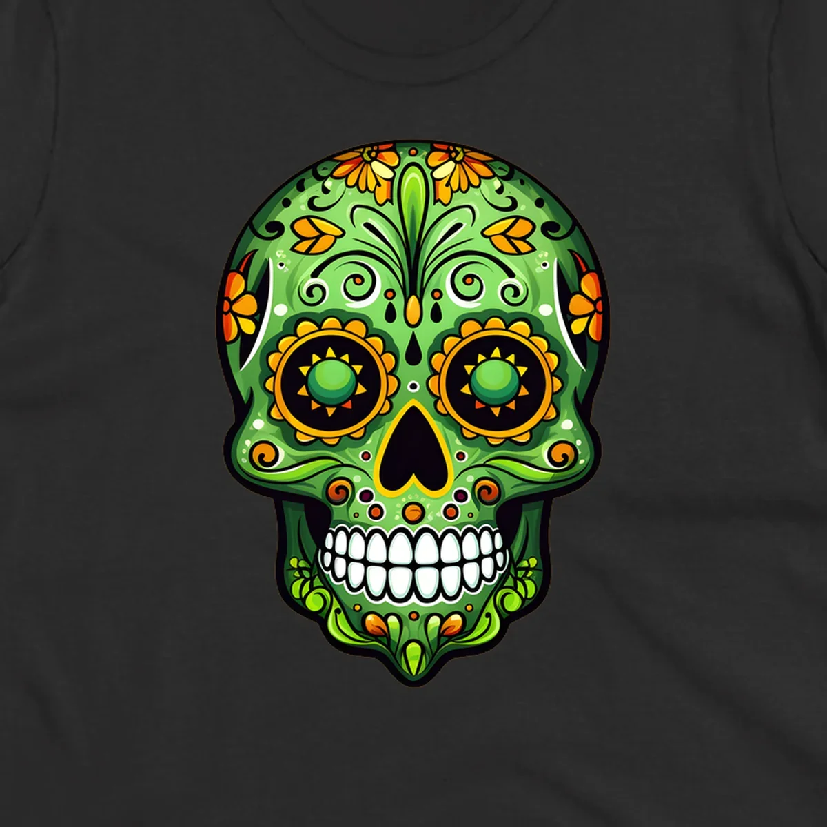 A vibrant green calavera sugar skull illustration adorned with yellow and orange marigold flowers and intricate swirls.