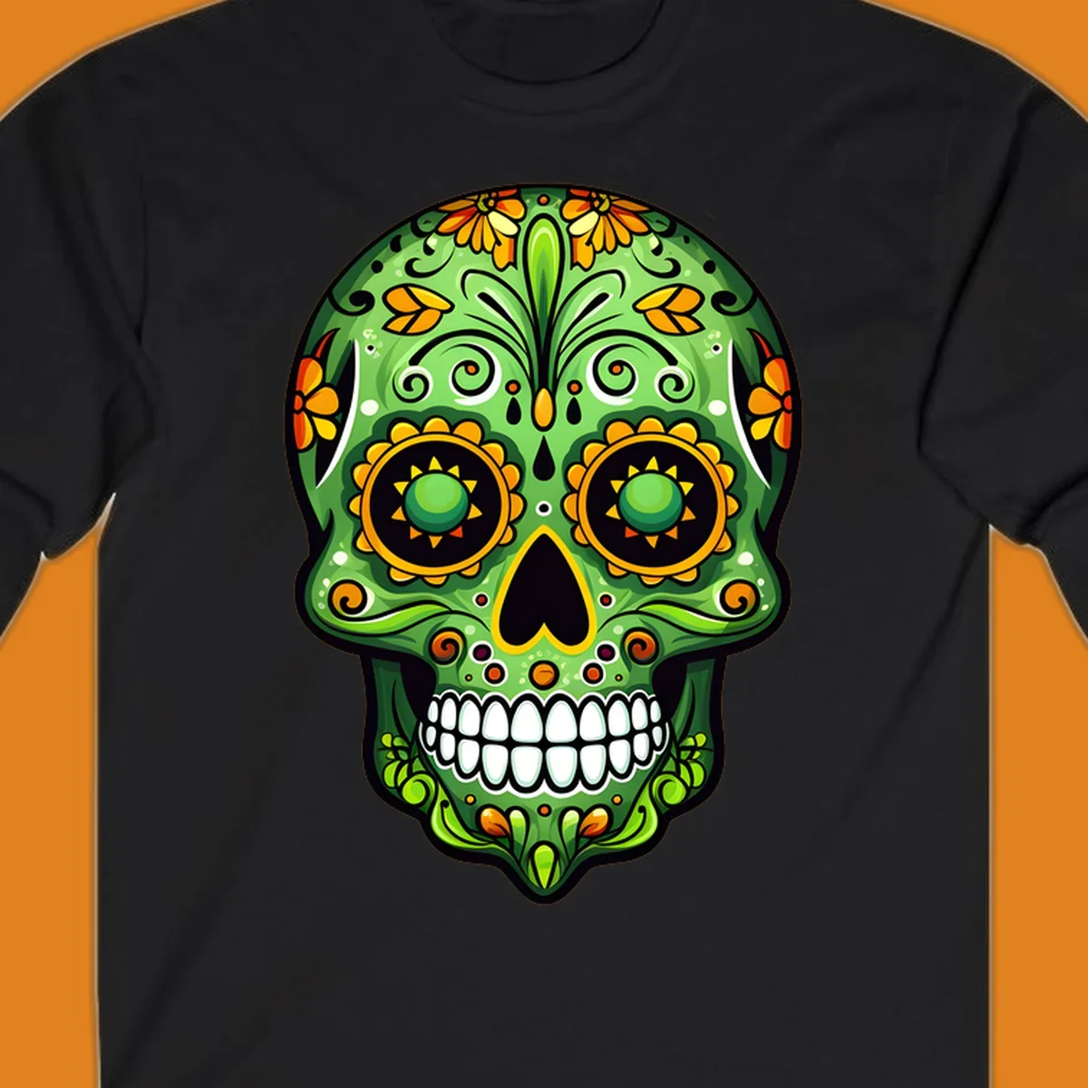 A vibrant green calavera sugar skull illustration adorned with yellow and orange marigold flowers and intricate swirls.