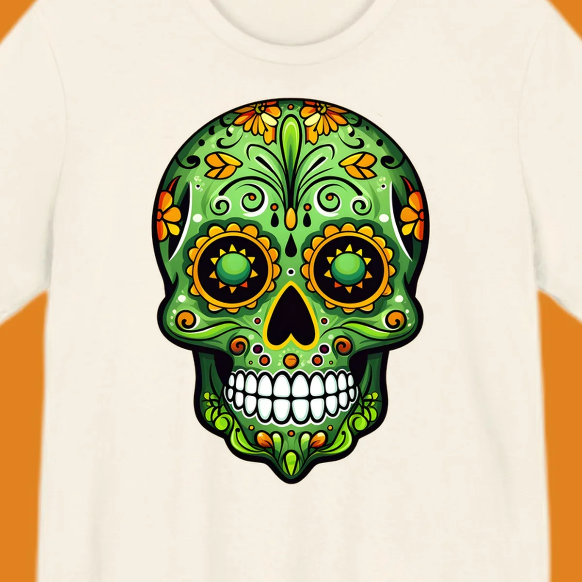 A vibrant green calavera sugar skull illustration adorned with yellow and orange marigold flowers and intricate swirls.