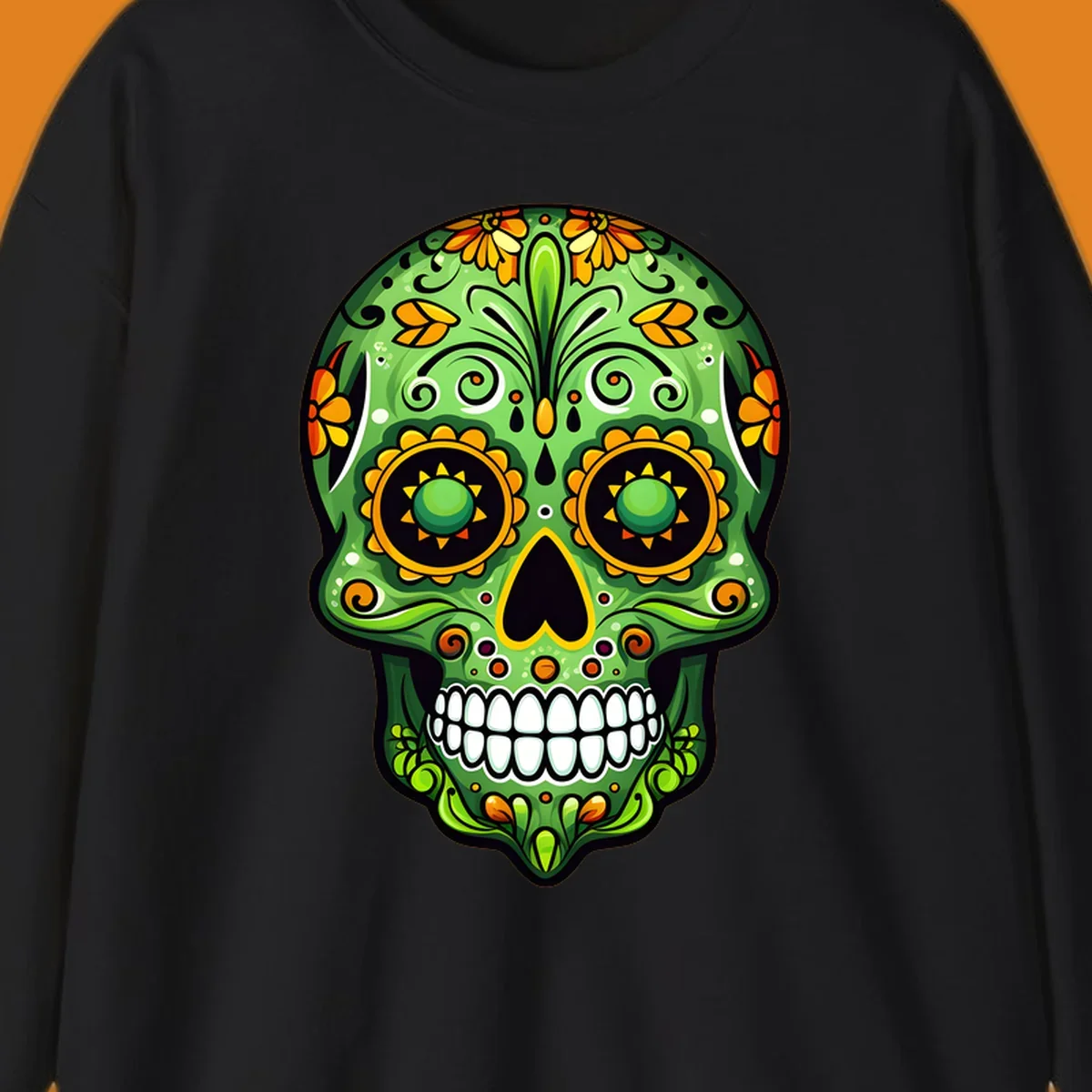A vibrant green calavera sugar skull illustration adorned with yellow and orange marigold flowers and intricate swirls.