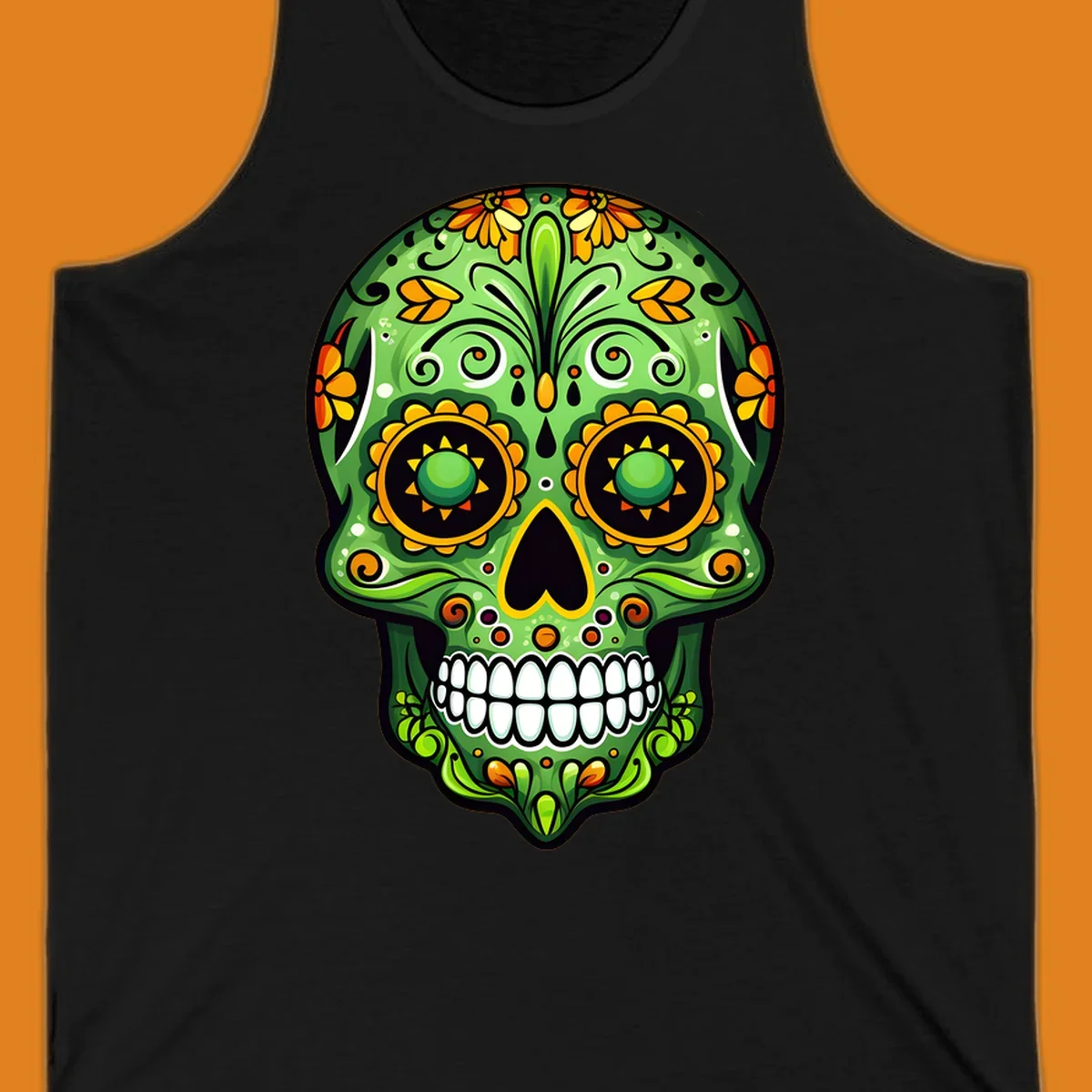A vibrant green calavera sugar skull illustration adorned with yellow and orange marigold flowers and intricate swirls.