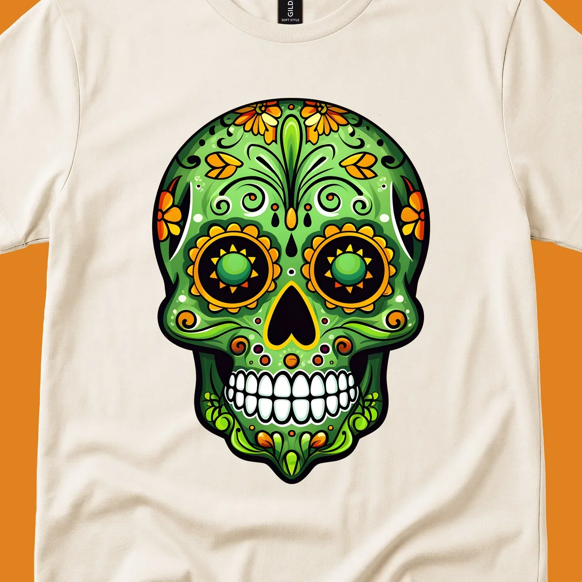 A vibrant green calavera sugar skull illustration adorned with yellow and orange marigold flowers and intricate swirls.