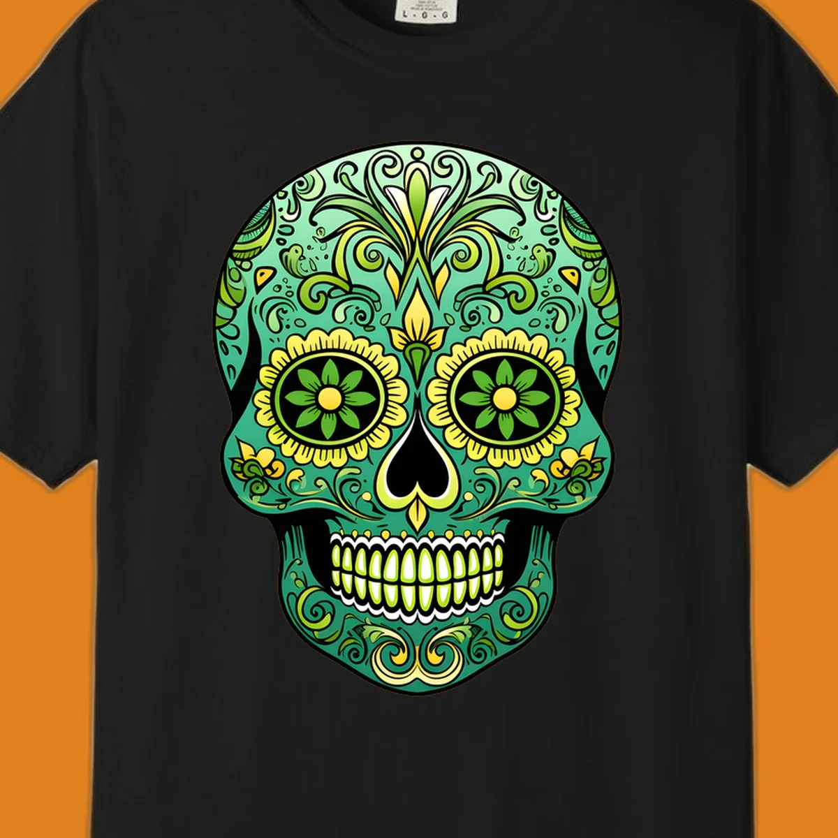 An emerald floral calavera sugar skull illustration with intricate green and yellow decorative patterns.