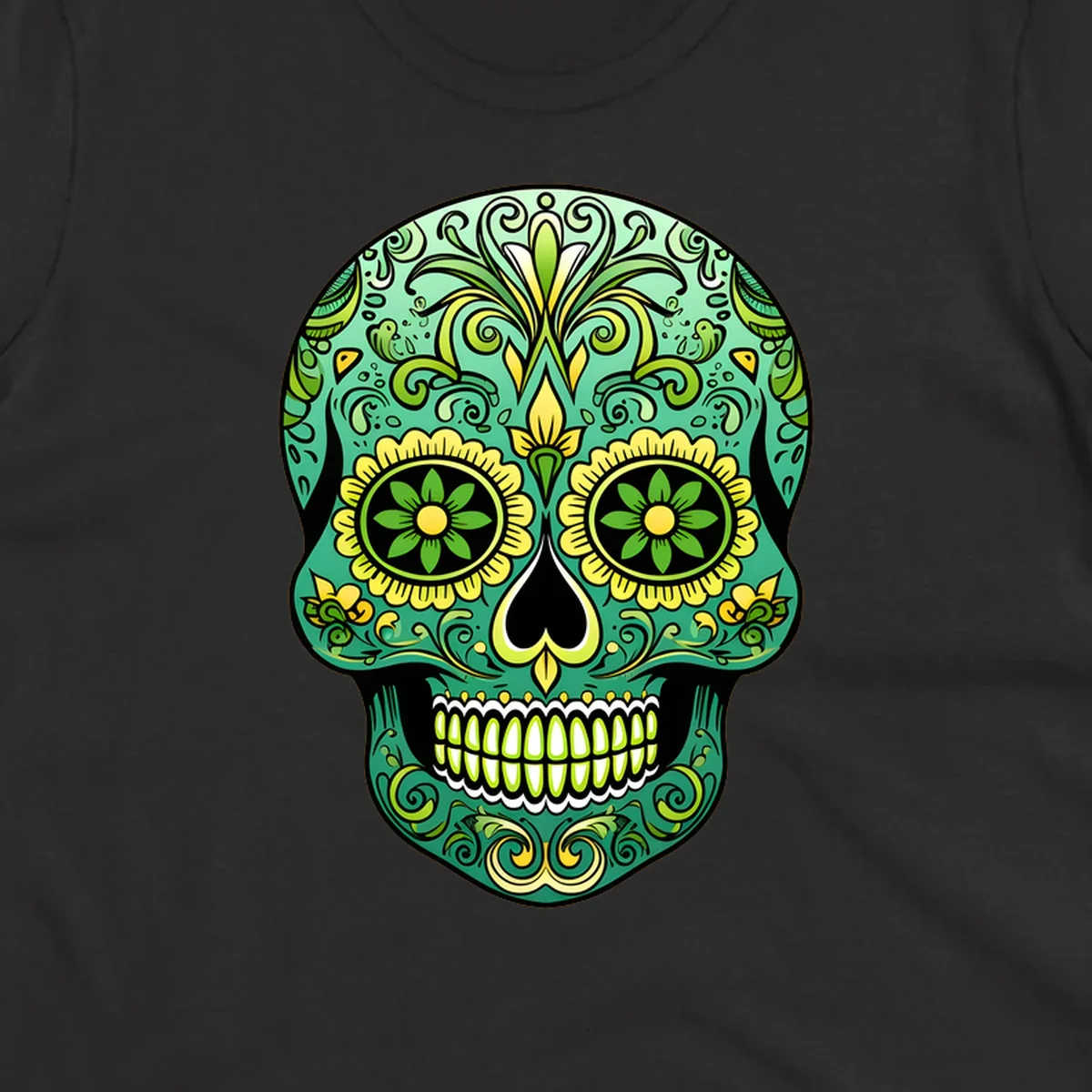 An emerald floral calavera sugar skull illustration with intricate green and yellow decorative patterns.