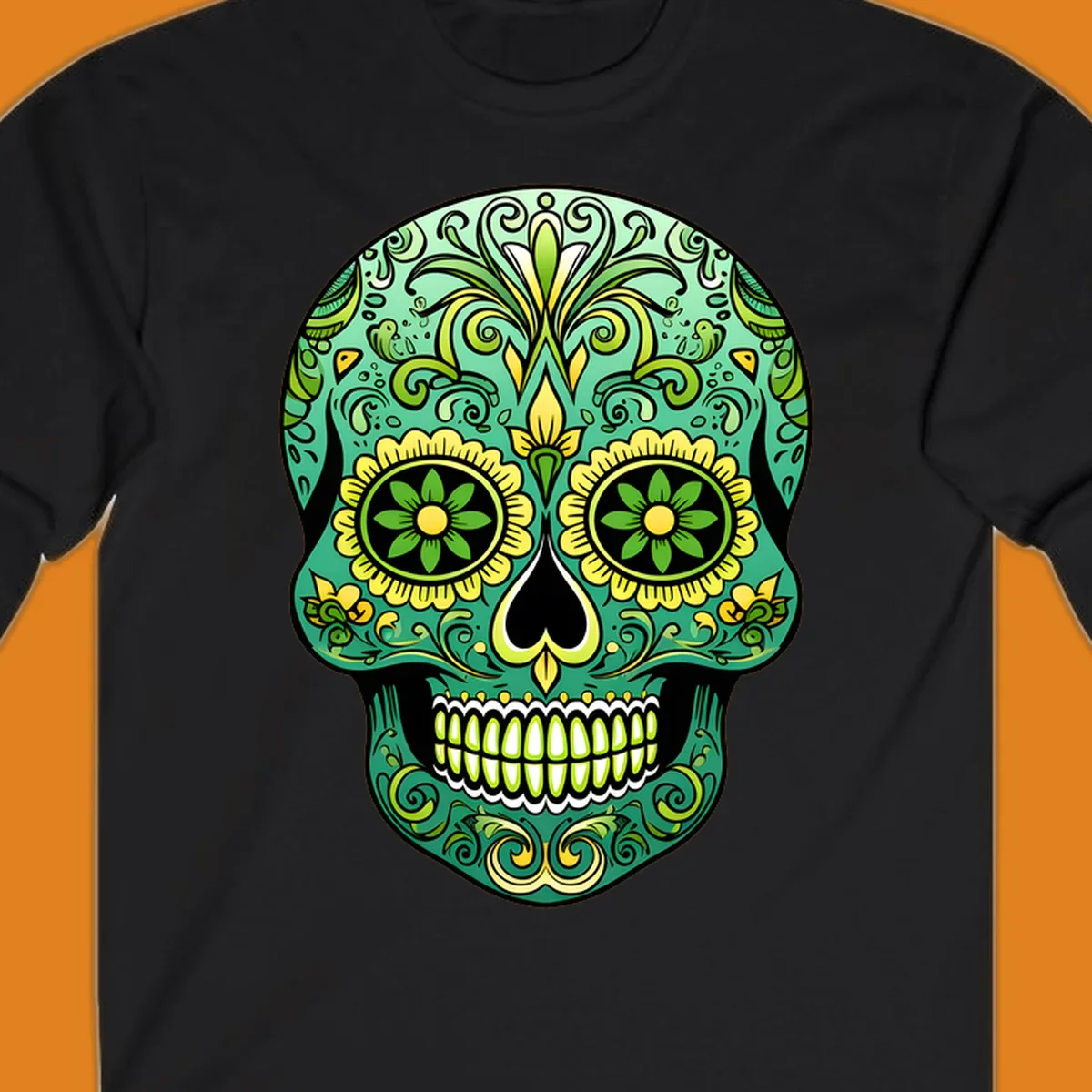 An emerald floral calavera sugar skull illustration with intricate green and yellow decorative patterns.
