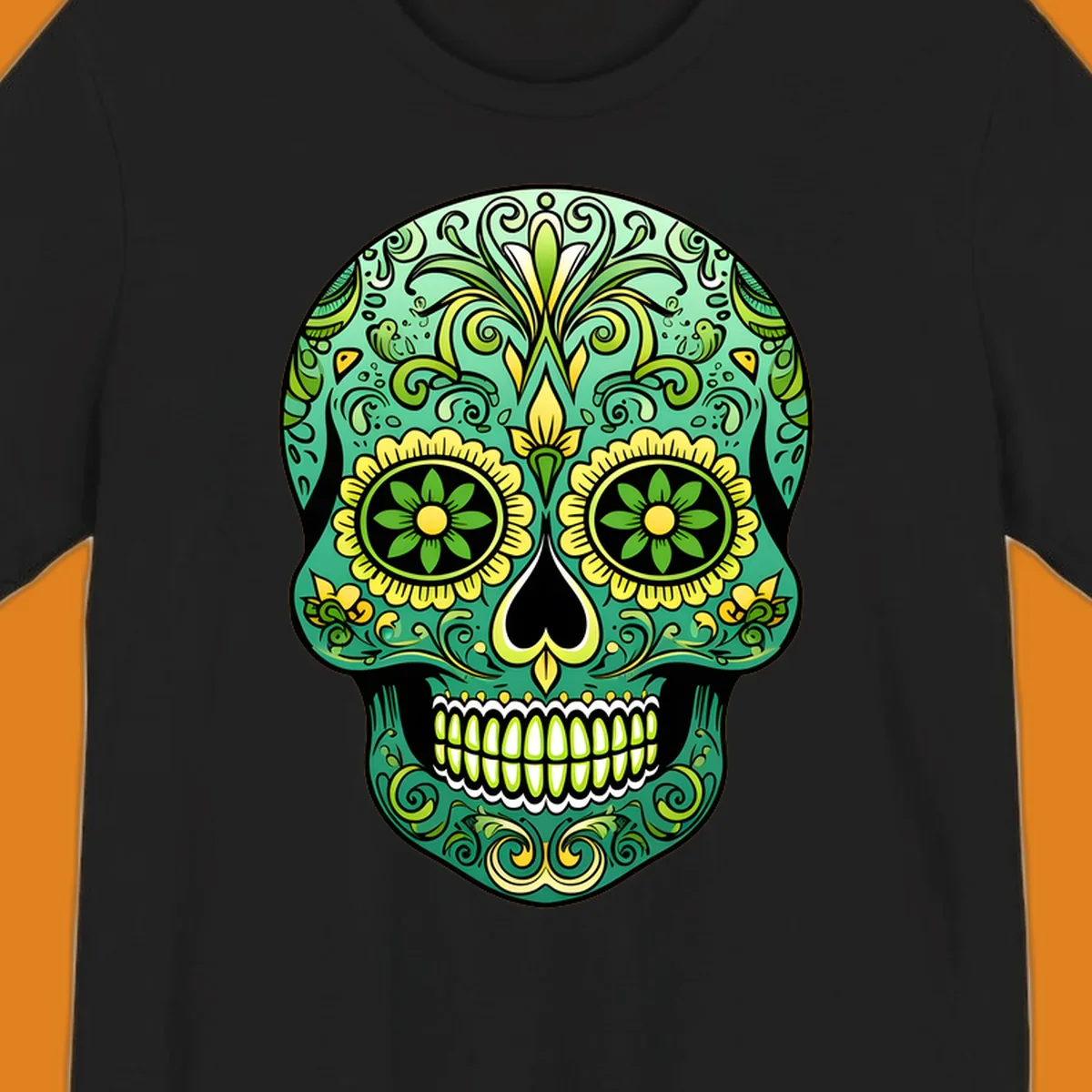 An emerald floral calavera sugar skull illustration with intricate green and yellow decorative patterns.