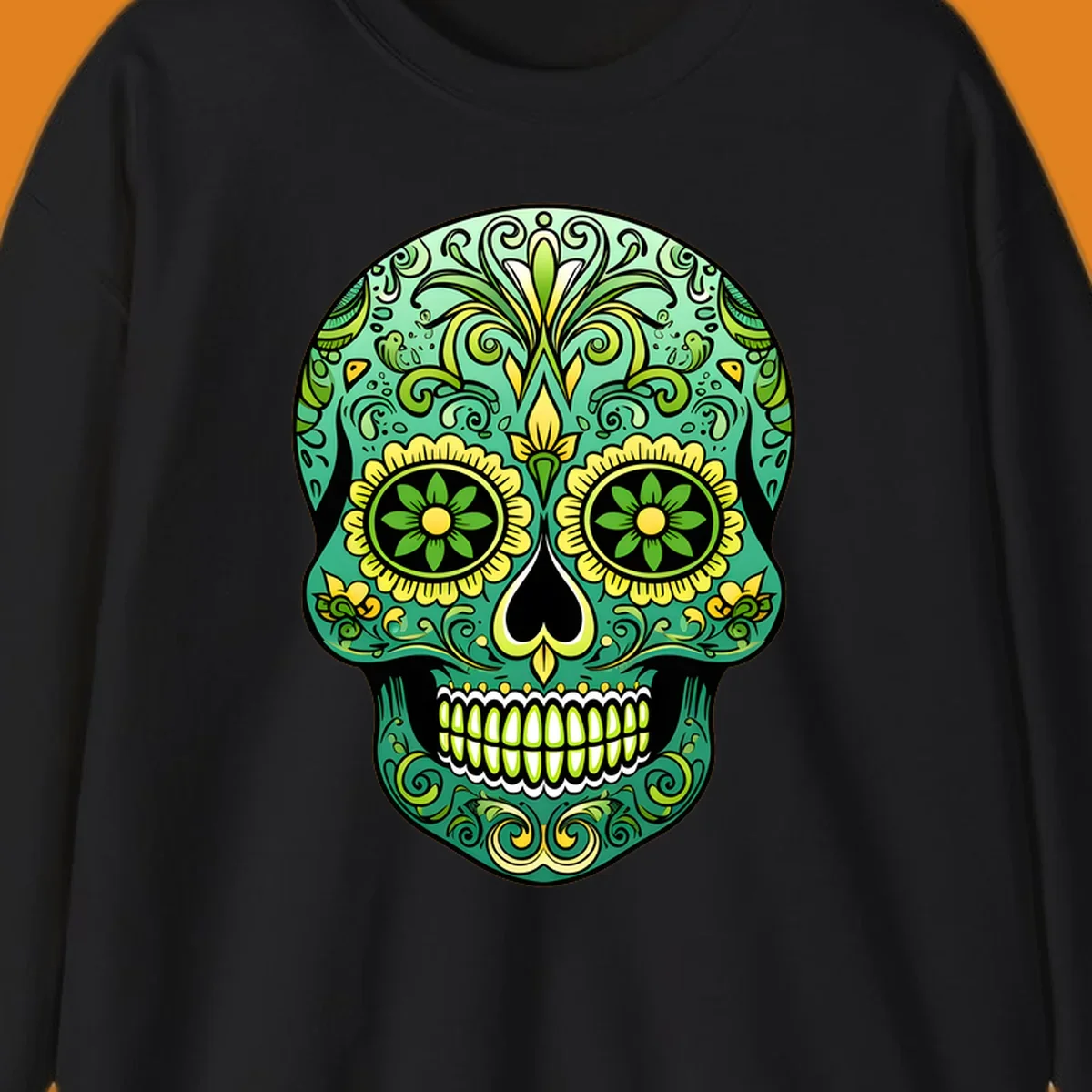 An emerald floral calavera sugar skull illustration with intricate green and yellow decorative patterns.