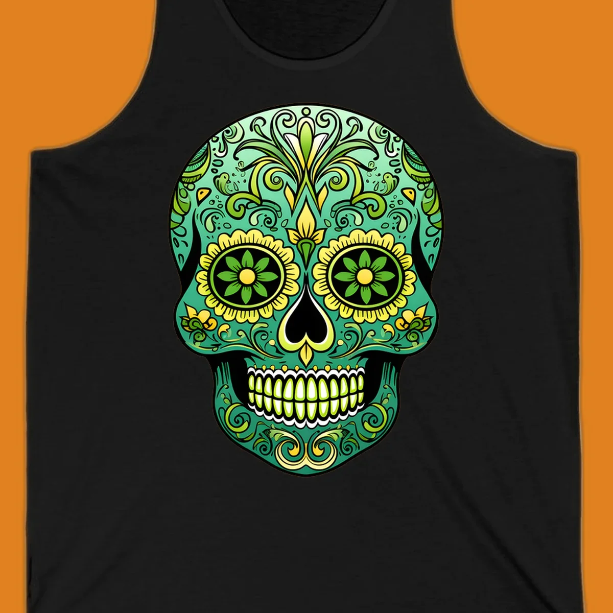An emerald floral calavera sugar skull illustration with intricate green and yellow decorative patterns.