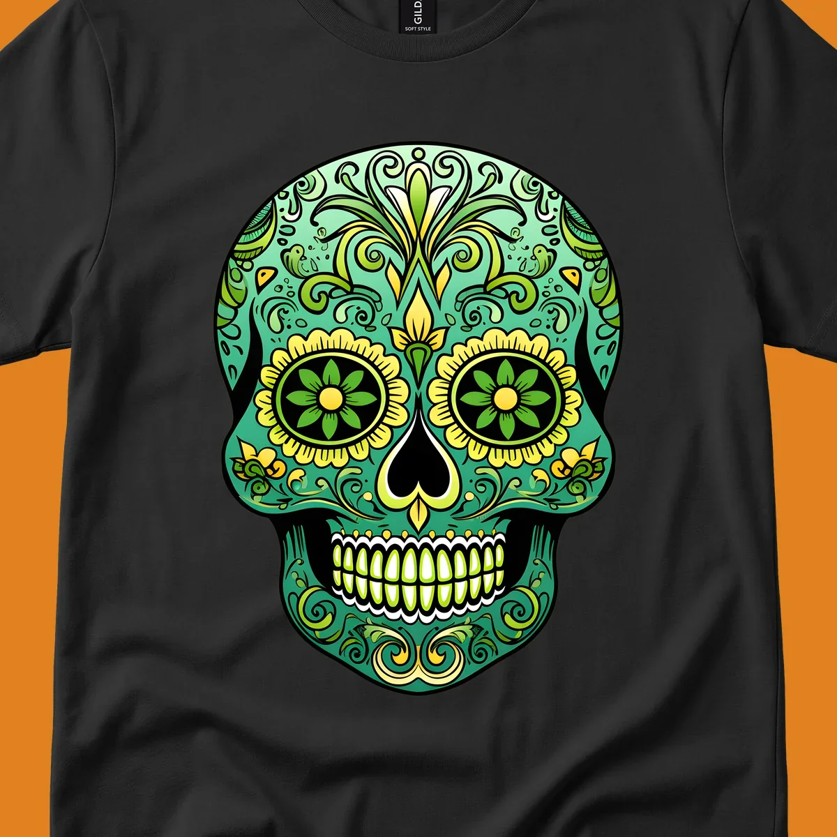 An emerald floral calavera sugar skull illustration with intricate green and yellow decorative patterns.
