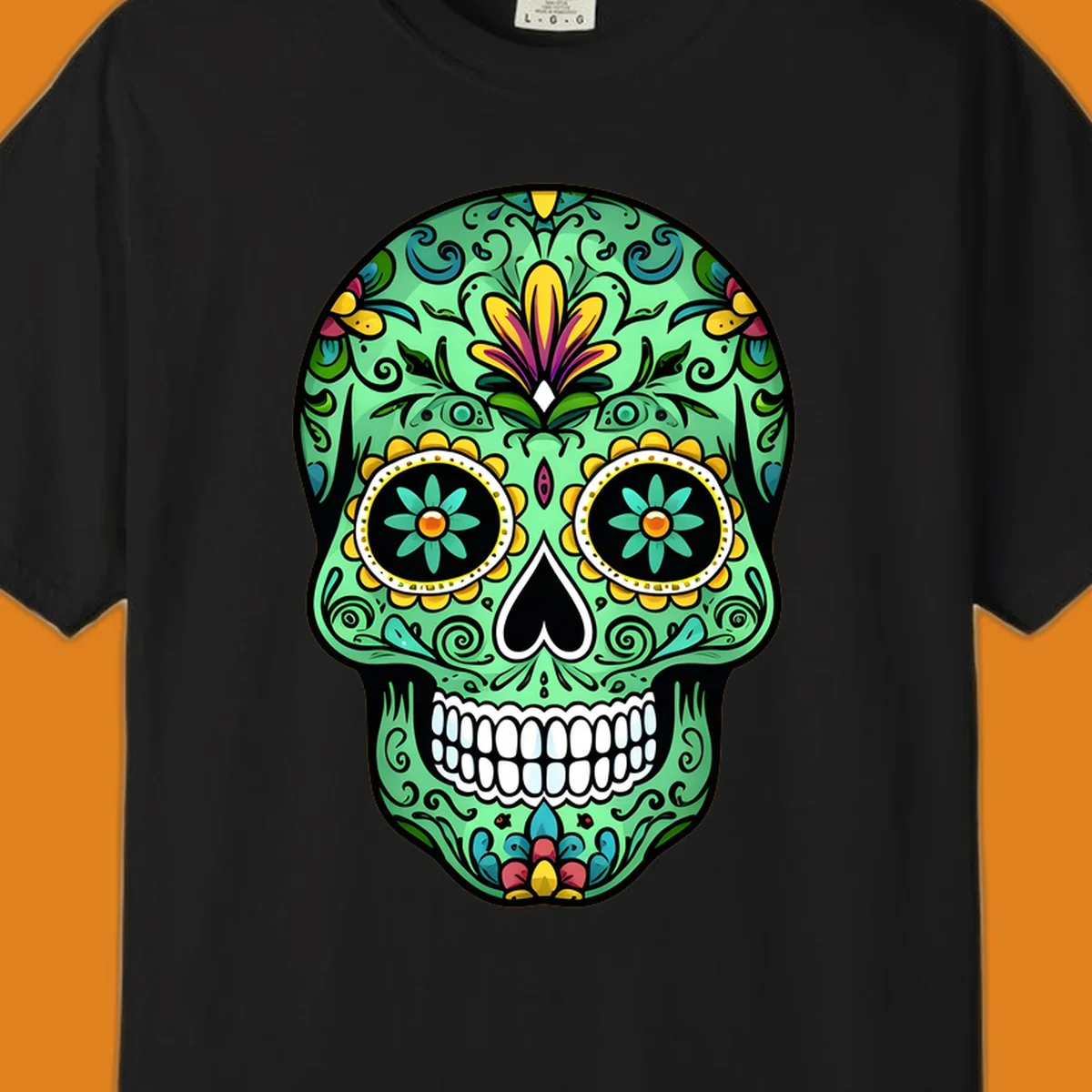 An ornate teal calavera skull illustration, detailed with yellow, magenta, and blue floral patterns, scrolls, and white teeth.