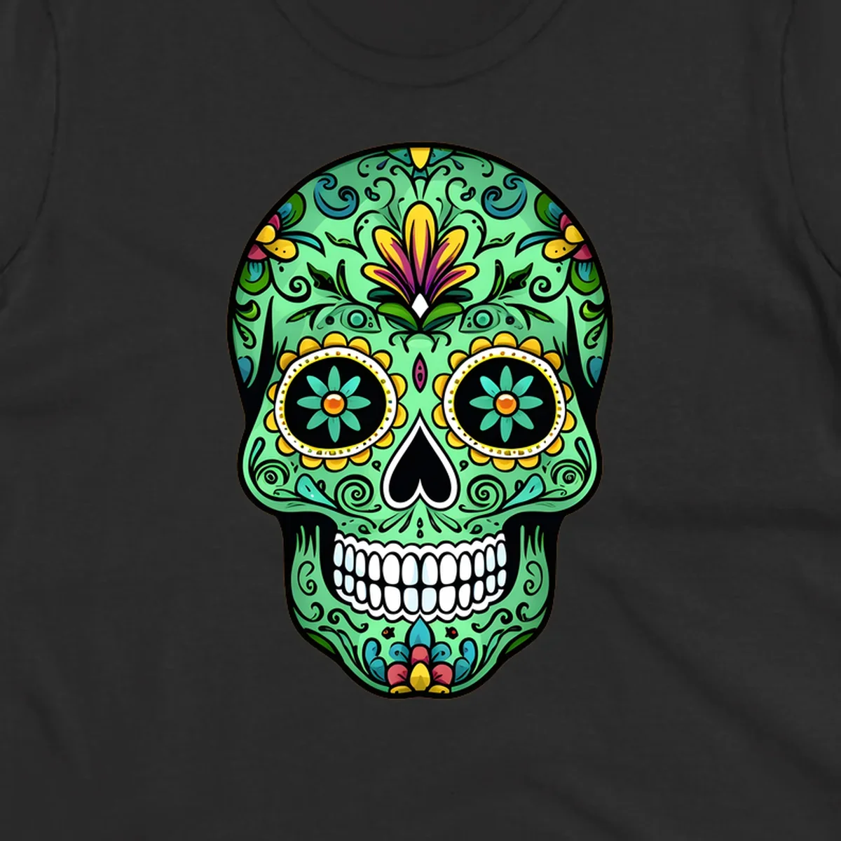 An ornate teal calavera skull illustration, detailed with yellow, magenta, and blue floral patterns, scrolls, and white teeth.