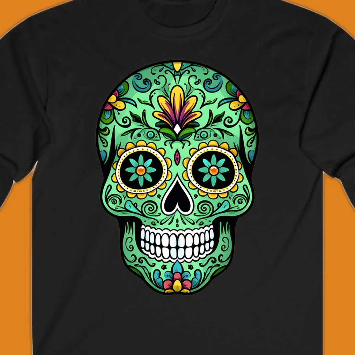 An ornate teal calavera skull illustration, detailed with yellow, magenta, and blue floral patterns, scrolls, and white teeth.