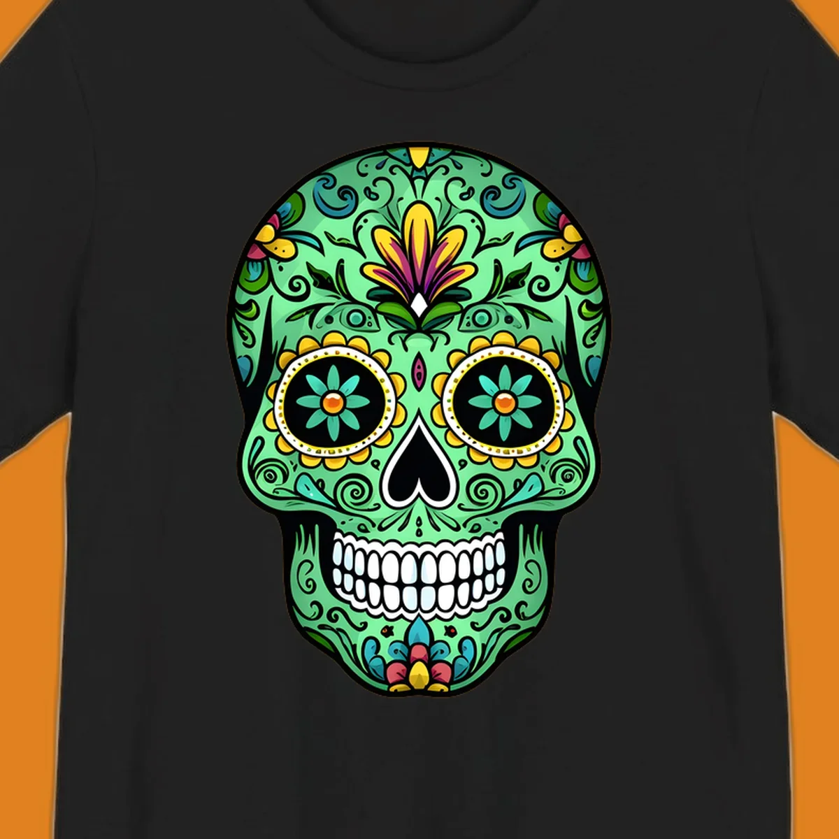 An ornate teal calavera skull illustration, detailed with yellow, magenta, and blue floral patterns, scrolls, and white teeth.