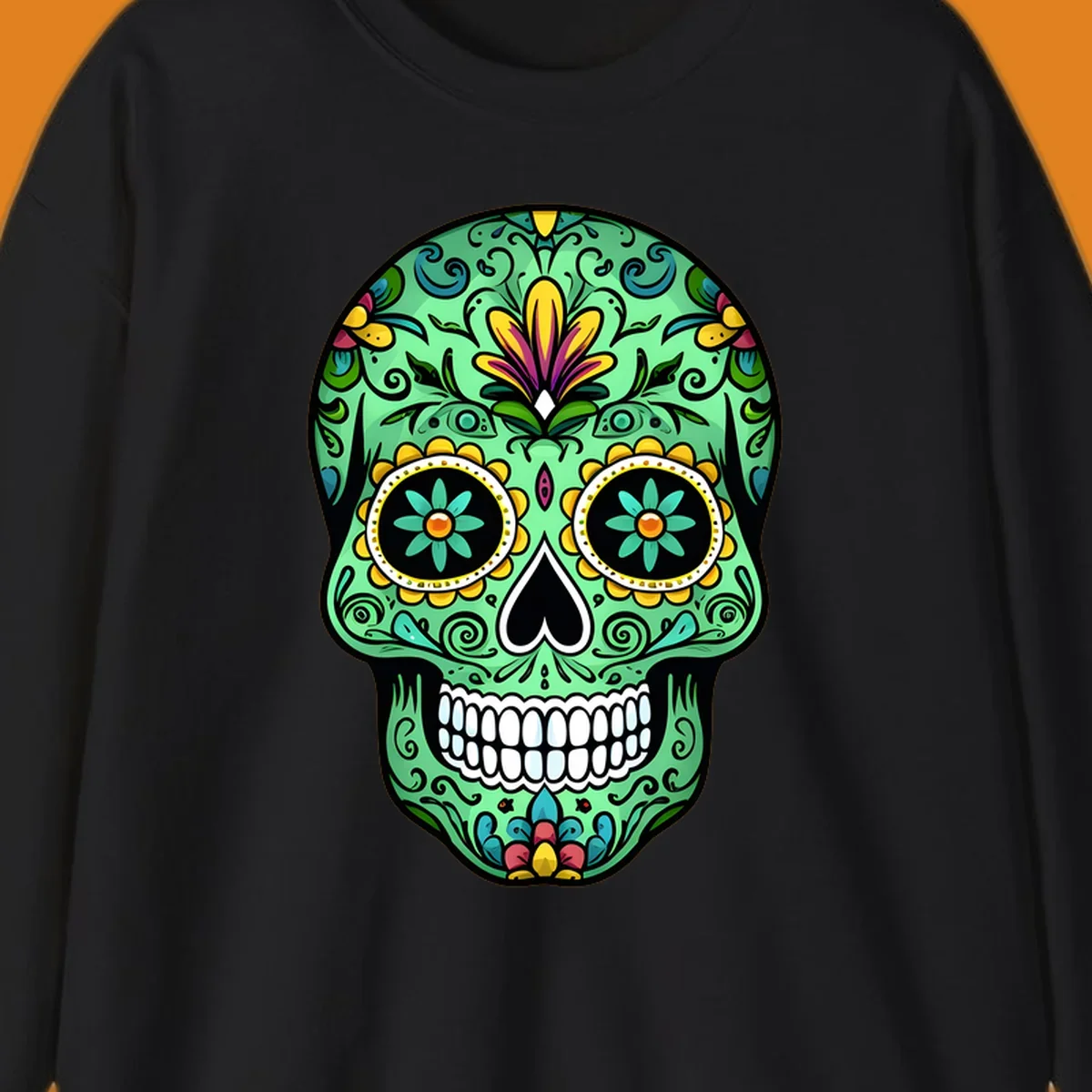 An ornate teal calavera skull illustration, detailed with yellow, magenta, and blue floral patterns, scrolls, and white teeth.
