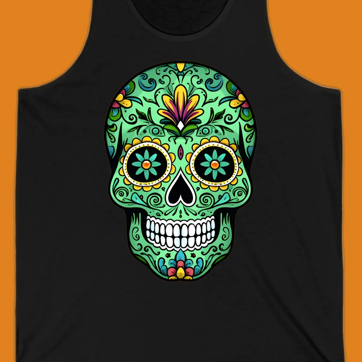 An ornate teal calavera skull illustration, detailed with yellow, magenta, and blue floral patterns, scrolls, and white teeth.
