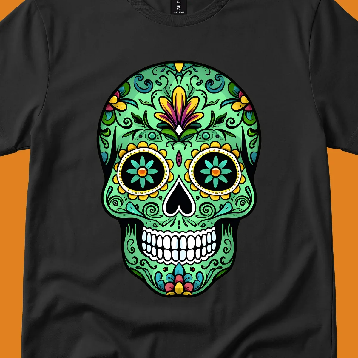 An ornate teal calavera skull illustration, detailed with yellow, magenta, and blue floral patterns, scrolls, and white teeth.
