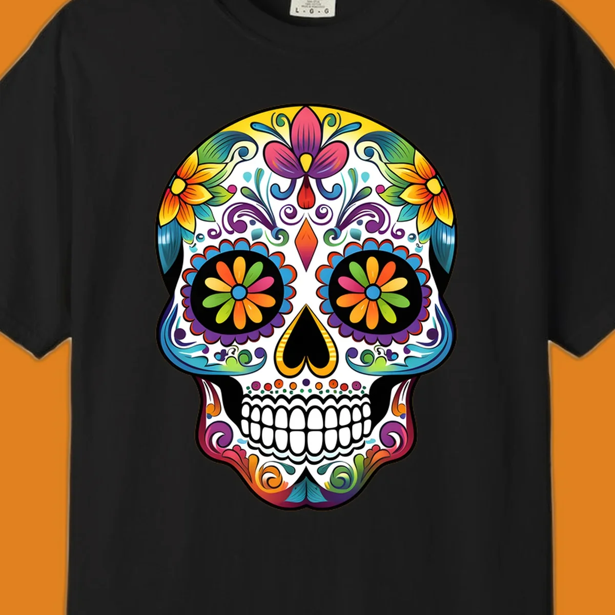 A vibrant floral sugar skull (calavera) illustration with colorful flowers and intricate patterns.
