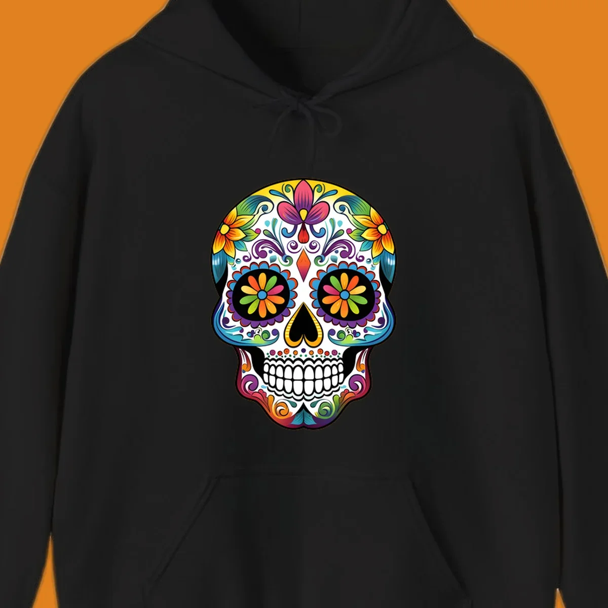 A vibrant floral sugar skull (calavera) illustration with colorful flowers and intricate patterns.