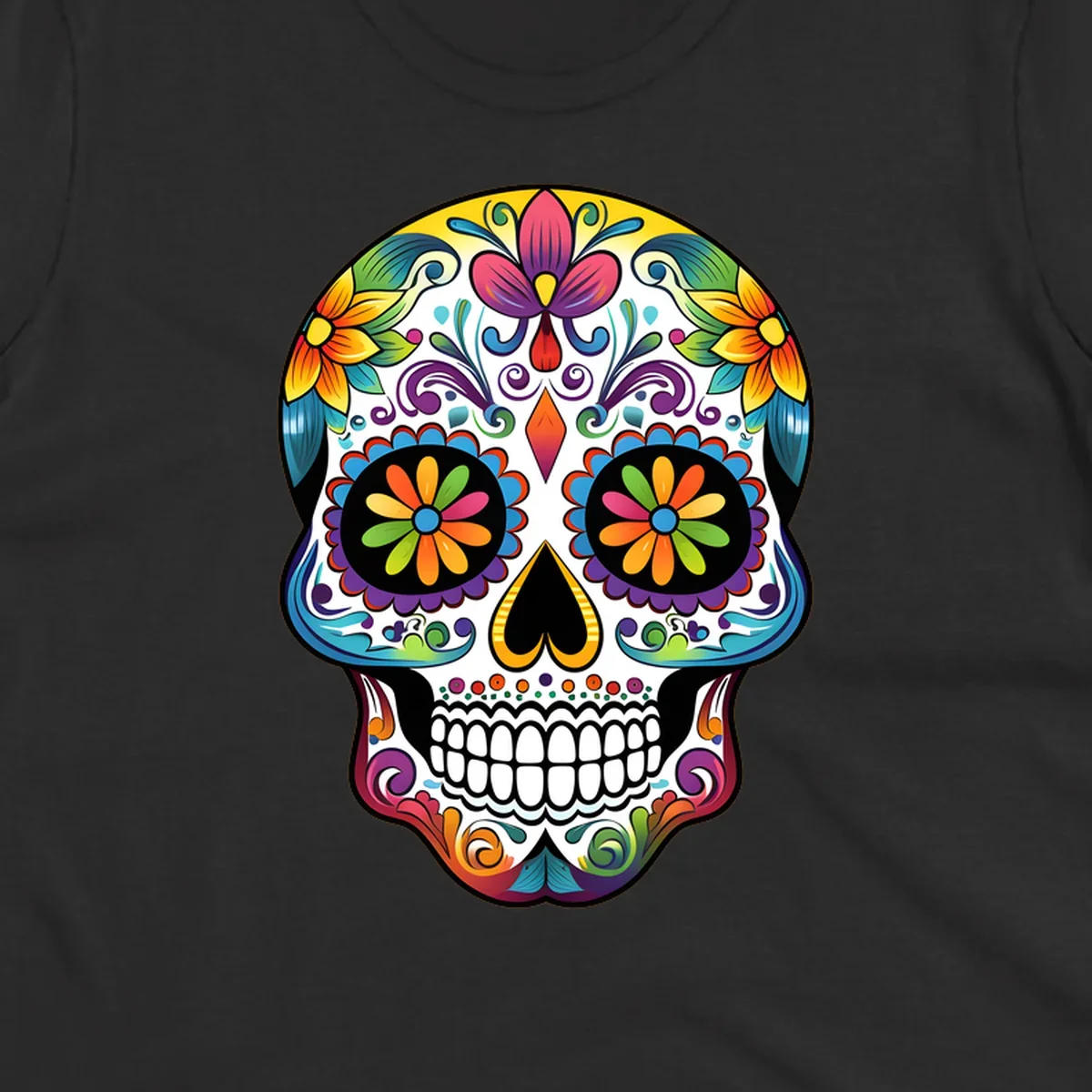 A vibrant floral sugar skull (calavera) illustration with colorful flowers and intricate patterns.