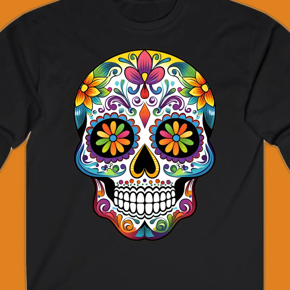 A vibrant floral sugar skull (calavera) illustration with colorful flowers and intricate patterns.