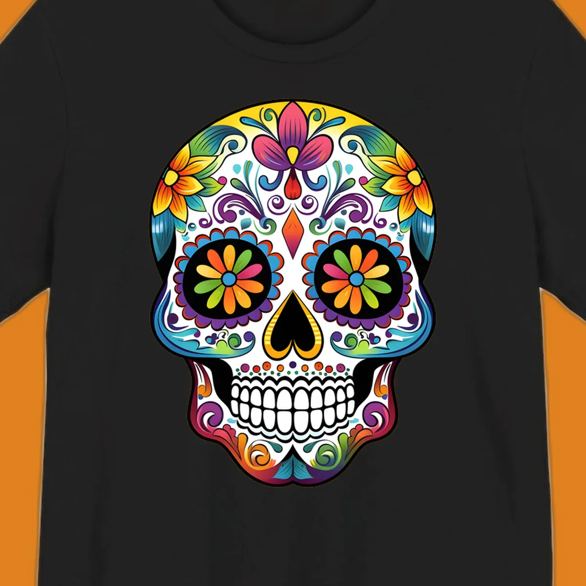 A vibrant floral sugar skull (calavera) illustration with colorful flowers and intricate patterns.
