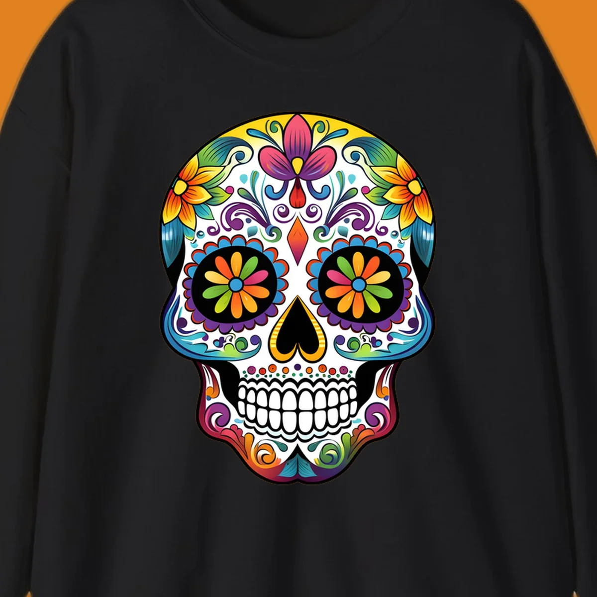 A vibrant floral sugar skull (calavera) illustration with colorful flowers and intricate patterns.
