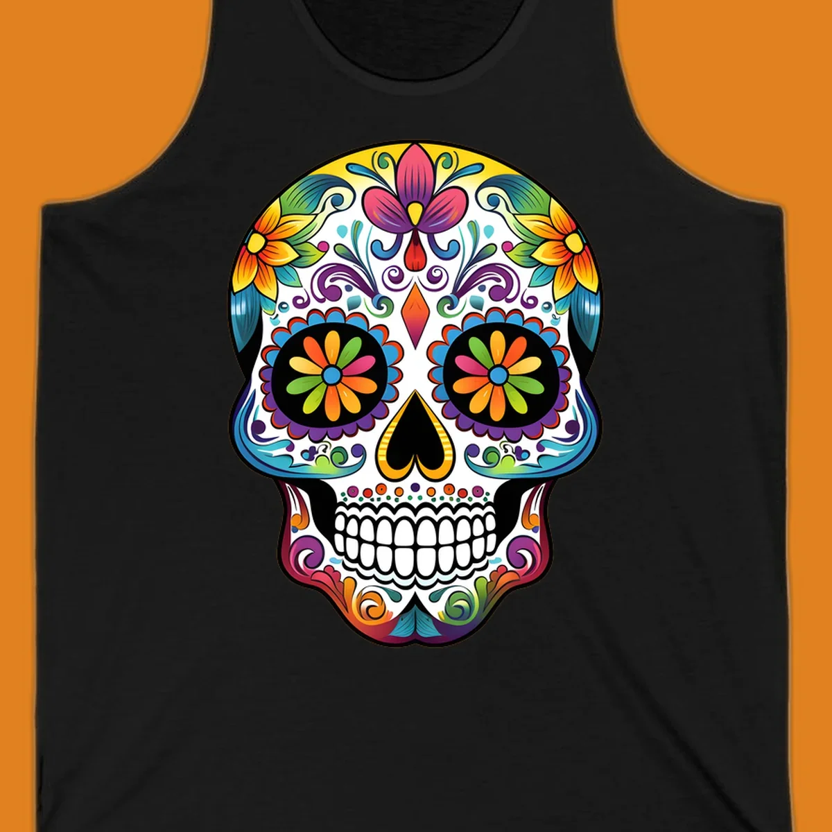 A vibrant floral sugar skull (calavera) illustration with colorful flowers and intricate patterns.