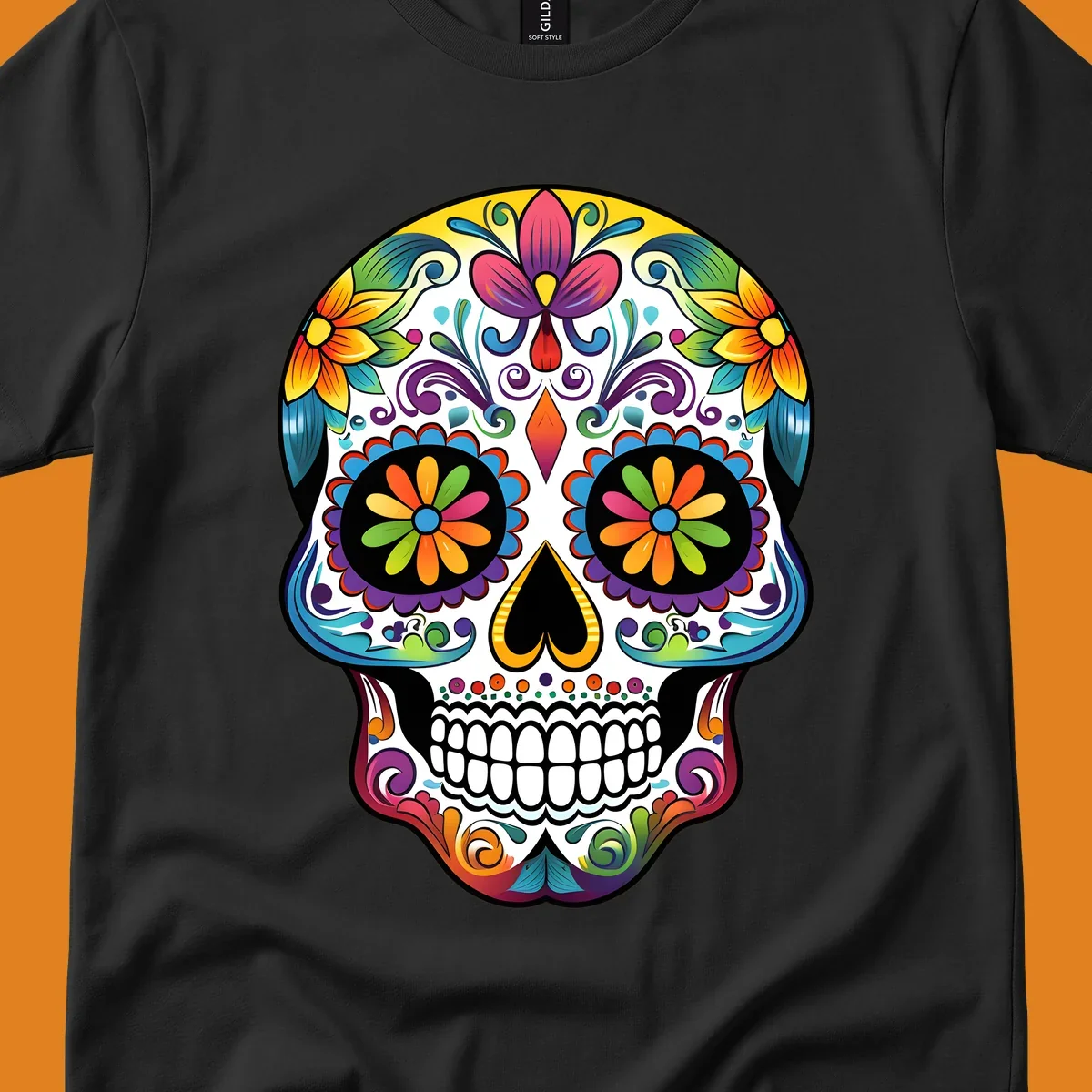 A vibrant floral sugar skull (calavera) illustration with colorful flowers and intricate patterns.