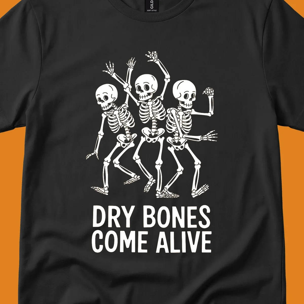 Dry bones dancing skeletons graphic with text "DRY BONES COME ALIVE".