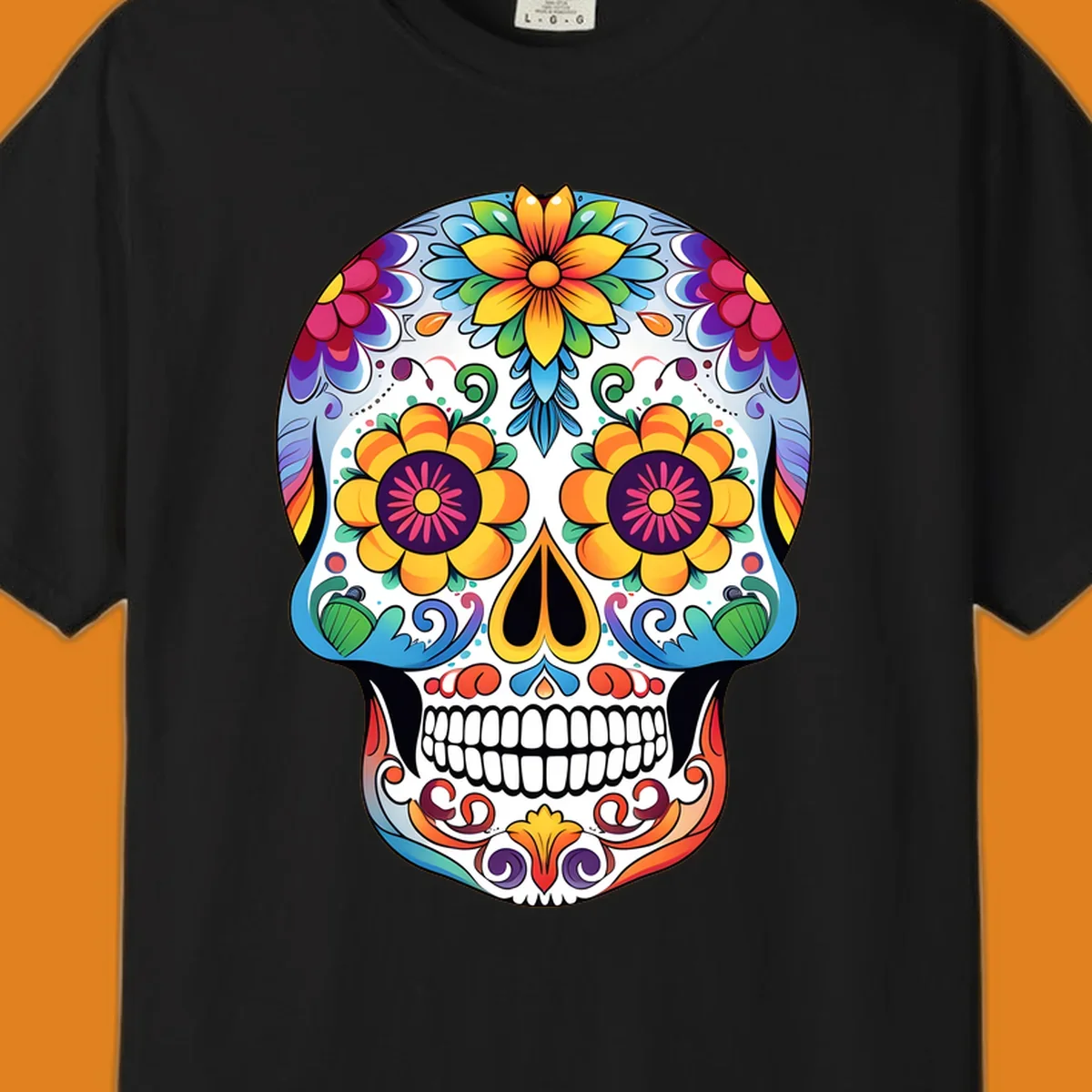 A vibrantly colored floral calavera skull illustration, adorned with large flowers, intricate scrolls, and dots.