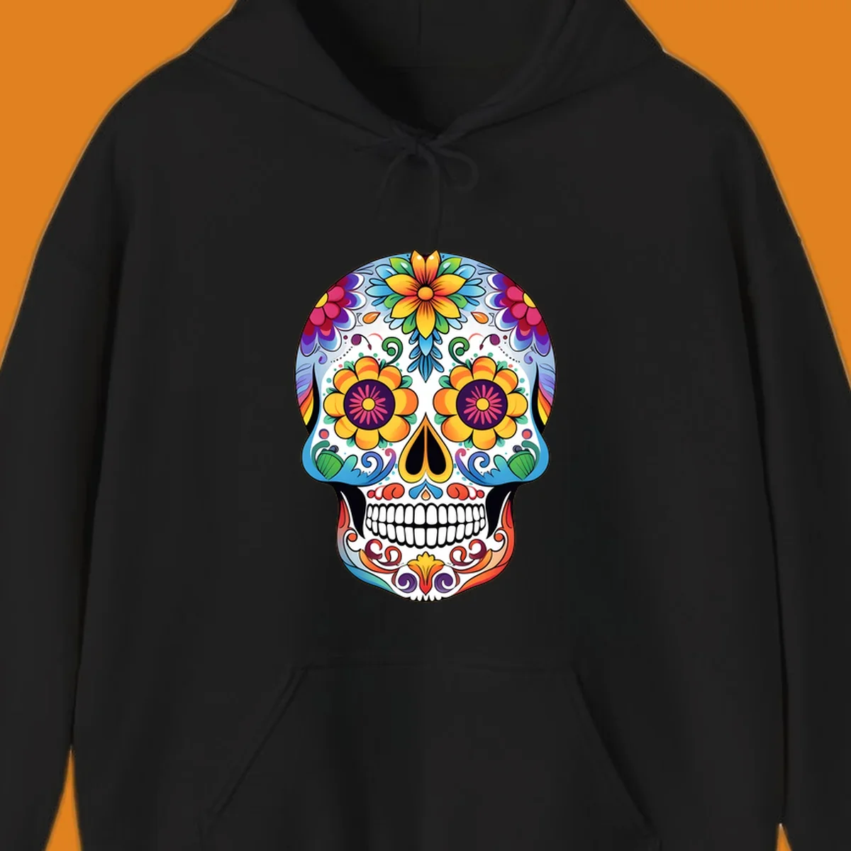 A vibrantly colored floral calavera skull illustration, adorned with large flowers, intricate scrolls, and dots.