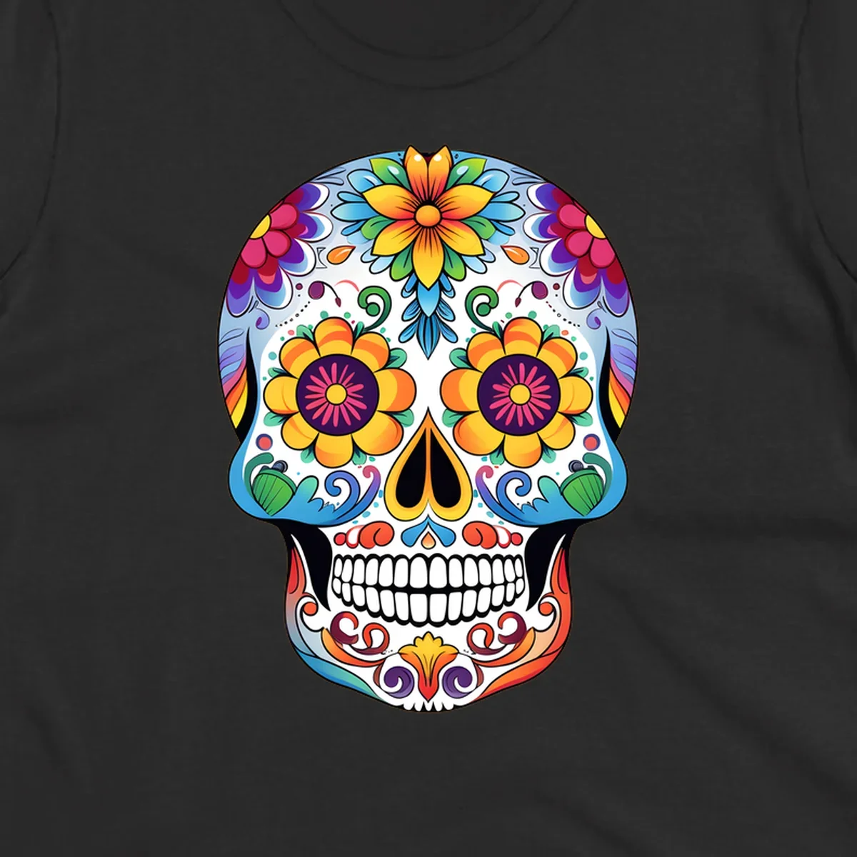 A vibrantly colored floral calavera skull illustration, adorned with large flowers, intricate scrolls, and dots.