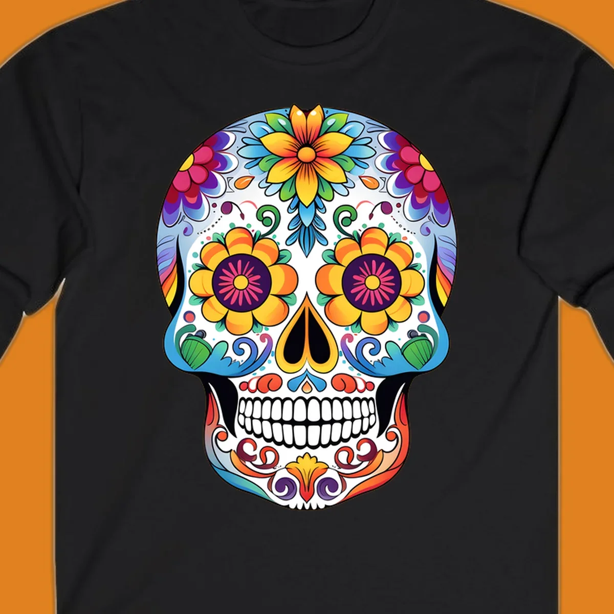 A vibrantly colored floral calavera skull illustration, adorned with large flowers, intricate scrolls, and dots.
