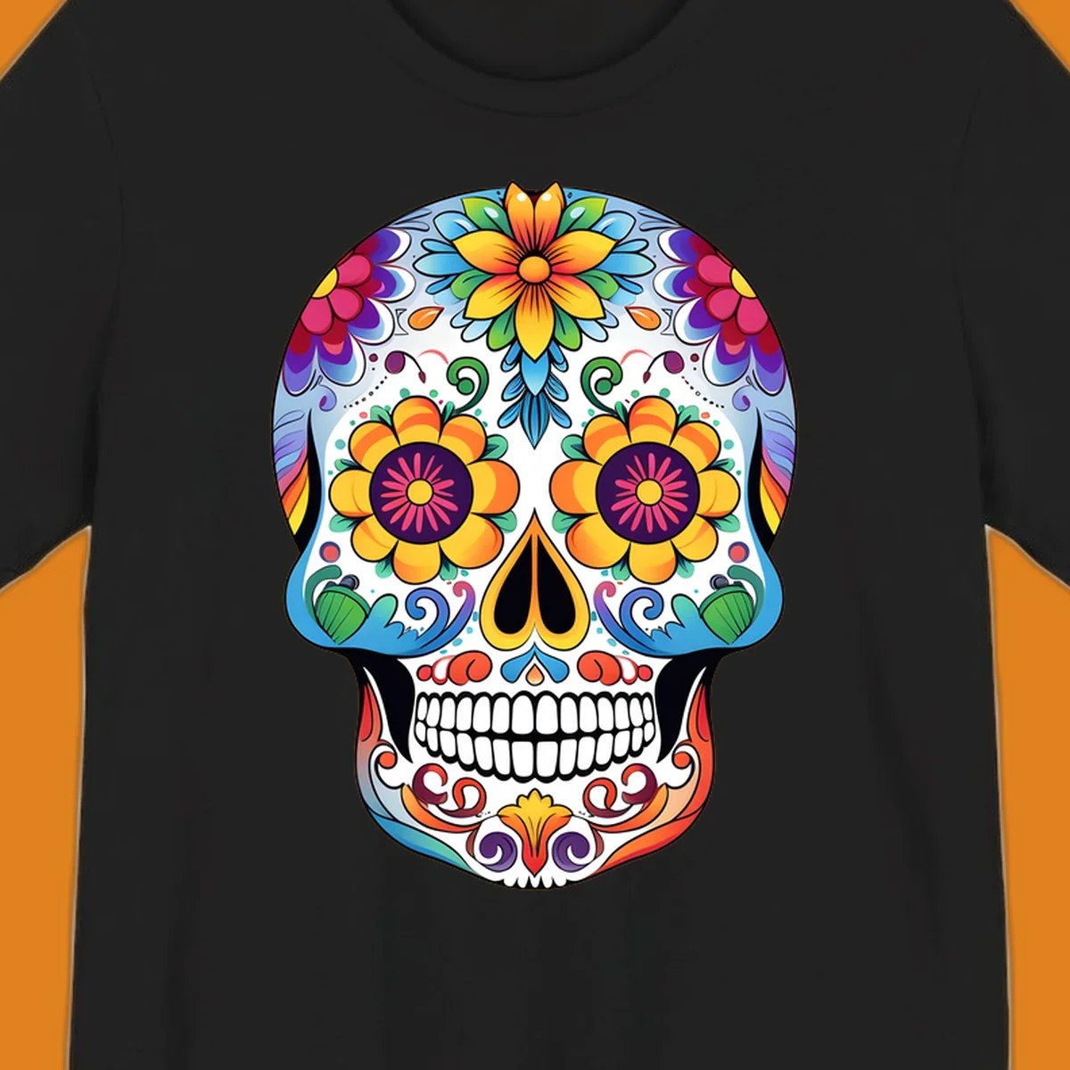 A vibrantly colored floral calavera skull illustration, adorned with large flowers, intricate scrolls, and dots.