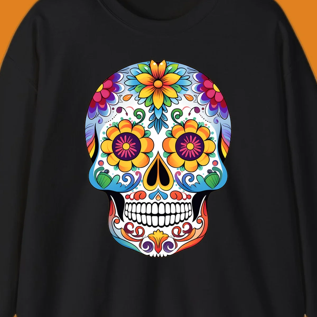 A vibrantly colored floral calavera skull illustration, adorned with large flowers, intricate scrolls, and dots.