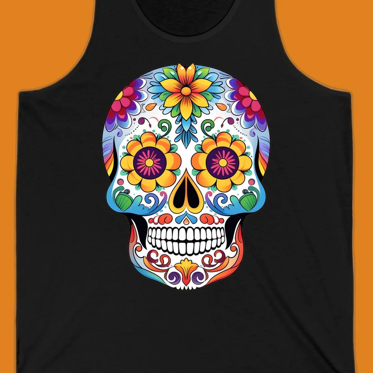 A vibrantly colored floral calavera skull illustration, adorned with large flowers, intricate scrolls, and dots.