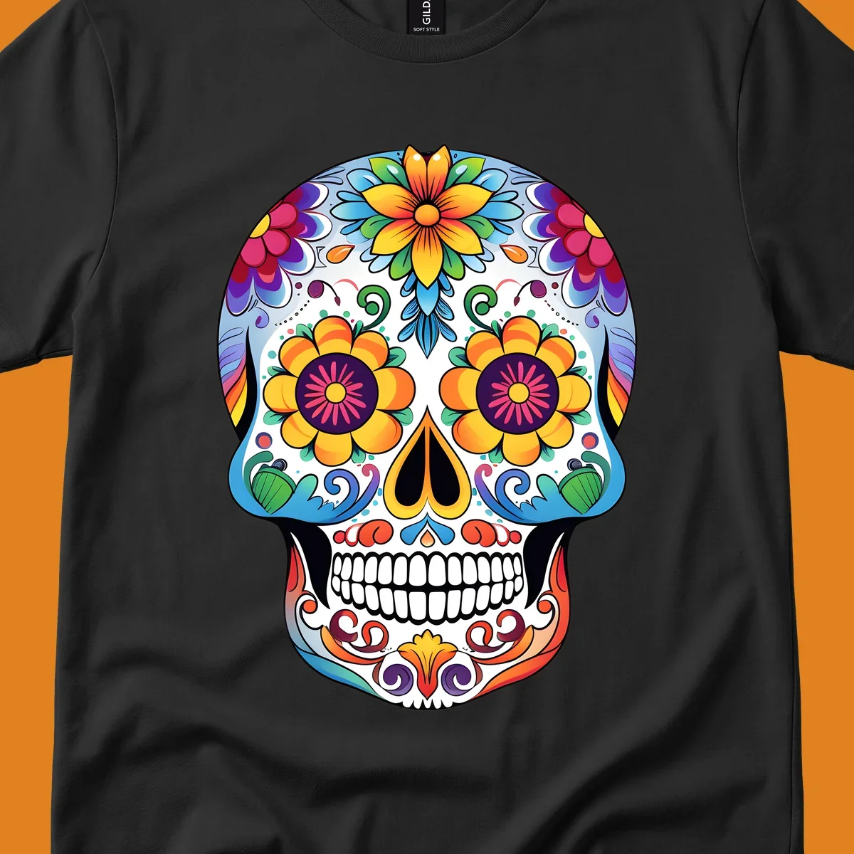 A vibrantly colored floral calavera skull illustration, adorned with large flowers, intricate scrolls, and dots.